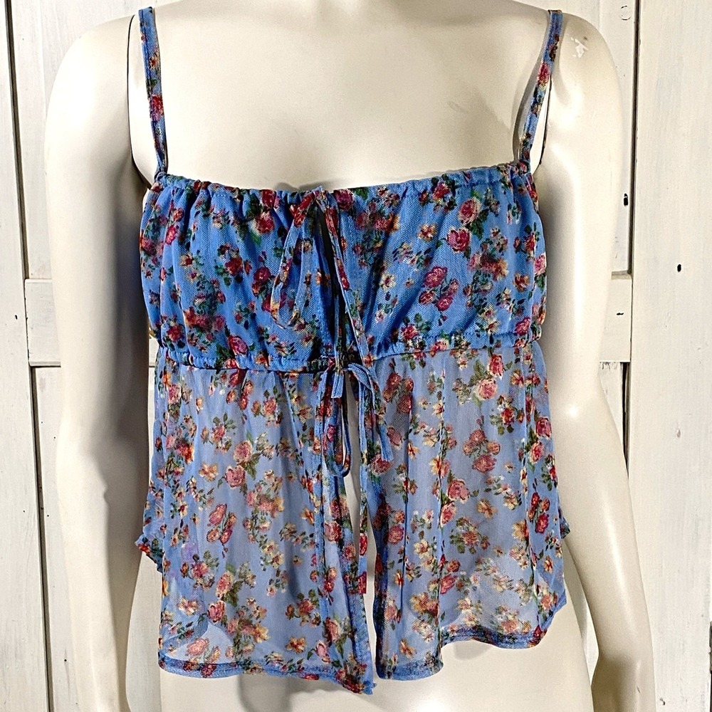 Live‎ In The Moment Blue Floral Mesh Tie Front Babydoll Cami Top Womens Medium